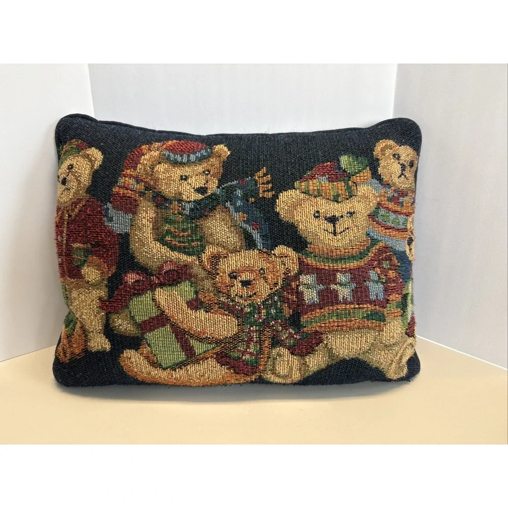 Holiday Tapestry Throw Pillow Teddy Bear Christmas Winter 15x12 sweaters